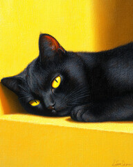 Poster - Warm, late-afternoon light casting gentle shadows across a sleek black cat lying in a cozy corner