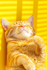 Poster - Long-haired cat rolling on its back in a sun-spot, paws in the air, enjoying the gentle heat on a