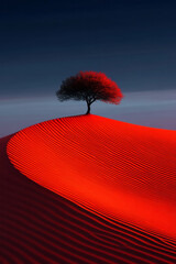 Poster - Lone acacia-like tree perched on a ridge of finely sculpted desert sand, illuminated by a dramatic