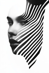Aufkleber - Minimal face in high-contrast black and white merging with luminous 3D building outlines,