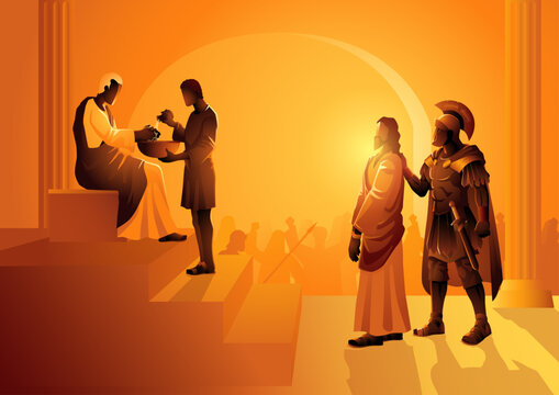 Biblical vector illustration series. Way of the Cross or Stations of the Cross, first station, Pilate condemns Jesus to die