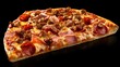 © Tom - Delicious slice of pizza with pepperoni, ham, and sausage, showcasing a golden crust and gooey cheese.