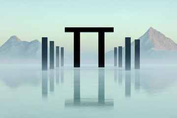 Poster - A streamlined torii gate in matte black, set among tall, glossy rectangular columns in monochrome