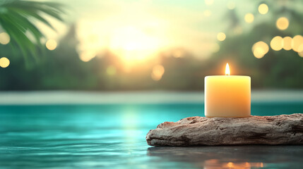Poster - Romantic, low-angle shot capturing a candle nestled in driftwood, with a defocused background of