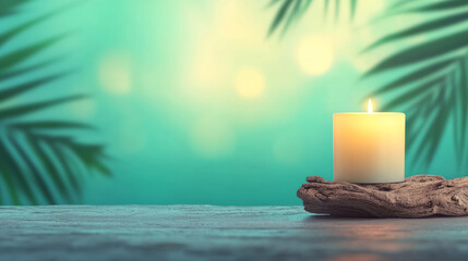Poster - Romantic, low-angle shot capturing a candle nestled in driftwood, with a defocused background of