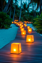 Poster - Rows of small candles leading down a wooden boardwalk, with hazy bokeh highlights reflecting off