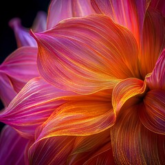 Poster - macro photography of a orange and pink dahlia, flowing gold silk.  threads, inner lighting, hyper details 