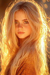 Poster - Delicate rim lighting accentuating her gentle features, the golden background forming bokeh