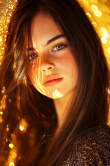 Poster - Delicate rim lighting accentuating her gentle features, the golden background forming bokeh