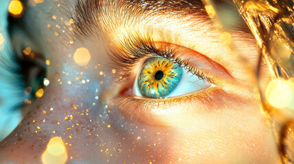 Fototapete - Candid close-up focusing on her gentle eyes reflecting the sunset, while orbs of gold bokeh float