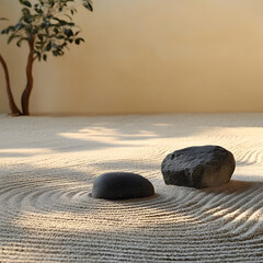 Poster - Zen Garden Serenity: A close-up view of a meticulously crafted Zen garden, showcasing smooth stones artfully arranged in a sea of raked sand, evoking tranquility and contemplation.