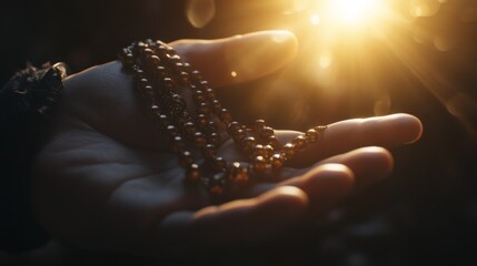 Aufkleber - A hand gently cradles a strand of prayer beads, basking in warm sunlight as it filters through leaves. This serene moment invites introspection in a peaceful outdoor setting