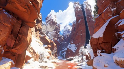 Wall Mural - Stunning Rocky Canyon Landscape in Winter with Snow and Blue Sky Under Bright Sunlight