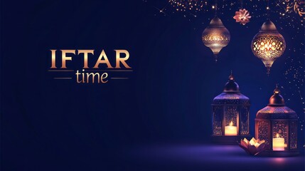 Poster - Soft golden lanterns cast a warm glow as the elegant text iftar time invites individuals to gather. A serene atmosphere emerges, perfect for sharing moments of joy and reflection