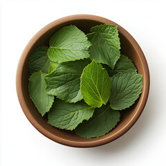 Bowl of green Perilla leaves. The bowl is brown