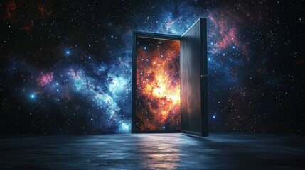 Wall Mural - a wooden door stands ajar against a cosmic backdrop, revealing a stunning galaxy filled with swirlin
