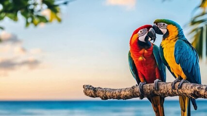 Aufkleber - Two vibrant macaws rest on a branch, surrounded by lush greenery and a breathtaking ocean view at sunset. The warm colors of the sky enhance the beauty of these magnificent birds.