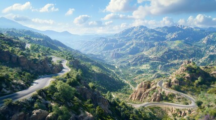 Wall Mural - Scenic winding road through lush mountains under a clear blue sky with fluffy clouds creating a picturesque landscape view