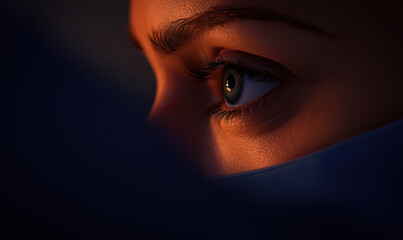 Poster - Captivating close-up of a masked individual, showcasing intense gaze and emotional depth, revealing profound connection amidst light and shadow play.