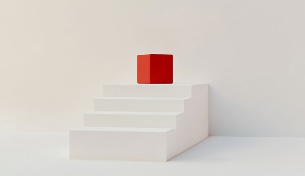 A white staircase with a single red cube on the top step, set against an empty background.