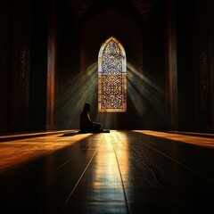 Poster - Bathed in a warm, golden glow, a tranquil Islamic prayer room invites reflection as soft light streams through an intricately designed window