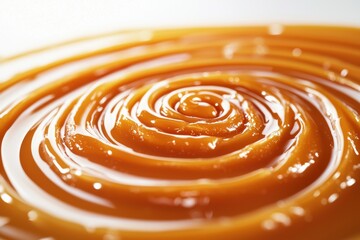 Poster - Close-up of smooth, flowing caramel sauce, swirled into a tempting, glossy pattern, perfect for dessert topping or decadent food photography, with a rich amber color.