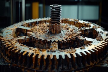 Poster - A detailed view of a large, rusty gear with a center screw thread, covered in debris, evoking an industrial or steampunk atmosphere, showcasing texture and intricate mechanics.