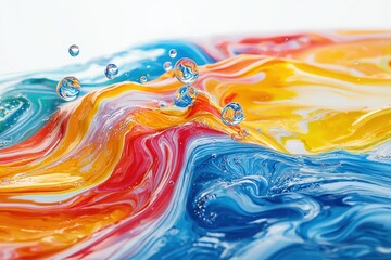 Poster - abstract colorful swirls with floating water droplets, vibrant hues of blue, red, orange, and yellow