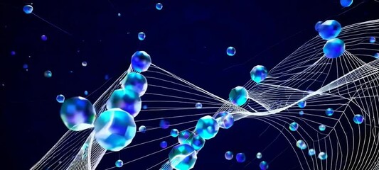 Poster - Dynamic flow of glowing spheres amidst intertwined white wires in a cosmic blue space