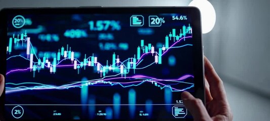 Poster - Analyzing financial data on a digital tablet with interactive graphs and indicators
