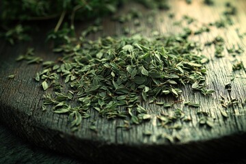 Close-up of thyme leaves on a rustic wooden board, creating an inviting image for culinary and herbal themed projects with a nostalgic atmosphere.