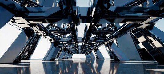 Poster - Futuristic metallic corridor with reflective surfaces and geometric patterns