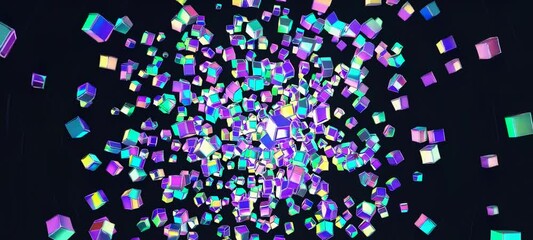 Poster - Vibrant geometric burst of colorful squares in energetic motion against black background