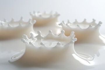 Poster - a dynamic studio shot showcasing several milk splashes creating crown-like shapes on a white surface