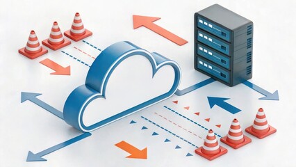 Poster - A cloud computing graphic showing data flow, servers, and traffic cones, symbolizing network management and security.