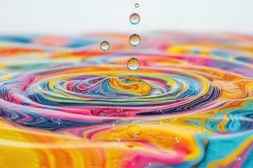 Poster - mesmerizing macro shot capturing water droplets creating ripple effect on vibrant multicolored liqui
