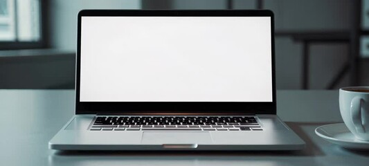 Poster - Laptop display transition from graphic interface to white screen in modern workspace