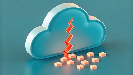 Poster - Cloud security threats concepts. A stylized cloud with a zigzag crack and small cubes beneath, symbolizing data issues or disruptions in cloud computing.