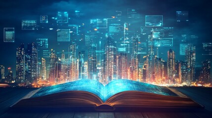 Poster - Open book reveals a digital city landscape with code and glowing elements