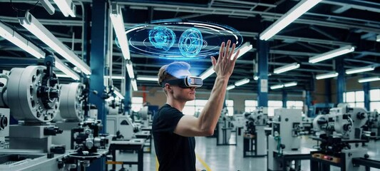 Poster - Engineer engaging with virtual holographic interface in modern industrial facility