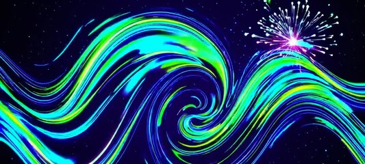 Poster - Dynamic neon waves and fireworks on cosmic background