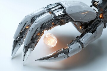 Poster - A futuristic, robotic hand delicately holds a glowing crystal, showcasing advanced technology and precision engineering with intricate details and a sleek, modern design.