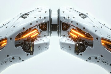 Poster - Symmetrical view of futuristic robotic arms featuring intricate mechanical designs and vibrant orange lights, showcasing advanced engineering and technology, white style.