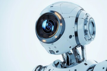 Poster - a sleek and modern robot head with a camera lens eye, embodying artificial intelligence and advanced