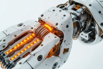 Poster - Close-up of a futuristic robotic arm with intricate details, showcasing advanced technology, and a sleek, white design on bright background, metallic accents.