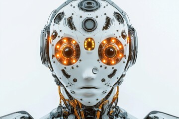 Poster - Striking portrait of a futuristic humanoid robot with glowing eyes, showcasing advanced AI, set against a minimalist background for a clean, high-tech aesthetic.
