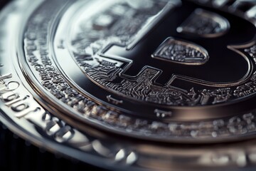 Poster - Macro detail of a shiny silver Bitcoin coin, emphasizing its complex circuit board design and reflecting the futuristic nature of digital currency and blockchain technology.