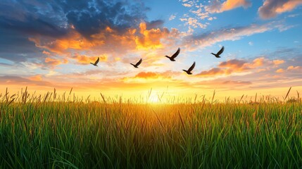 Wall Mural - Serene Sunrise Over Lush Green Fields with Birds Flying Against a Beautiful Colorful Sky