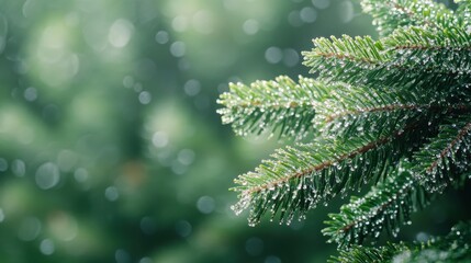 Close-up of a pine tree branch with glistening droplets of water, creating a serene and refreshing atmosphere.