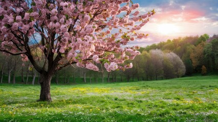 Blooming cherry tree with pink flowers in a lush green field at sunset surrounded by colorful spring flora and soft pastel sky hues